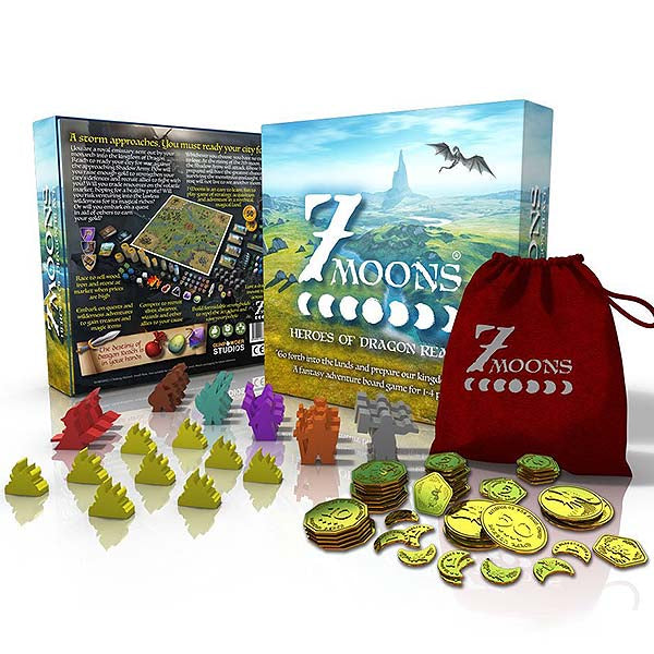 Image of 7 Moons: Deluxe Edition box and deluxe game components. This game by Gunpowder Studios is available at indie online boardgames and card games retailer Kaioss Games