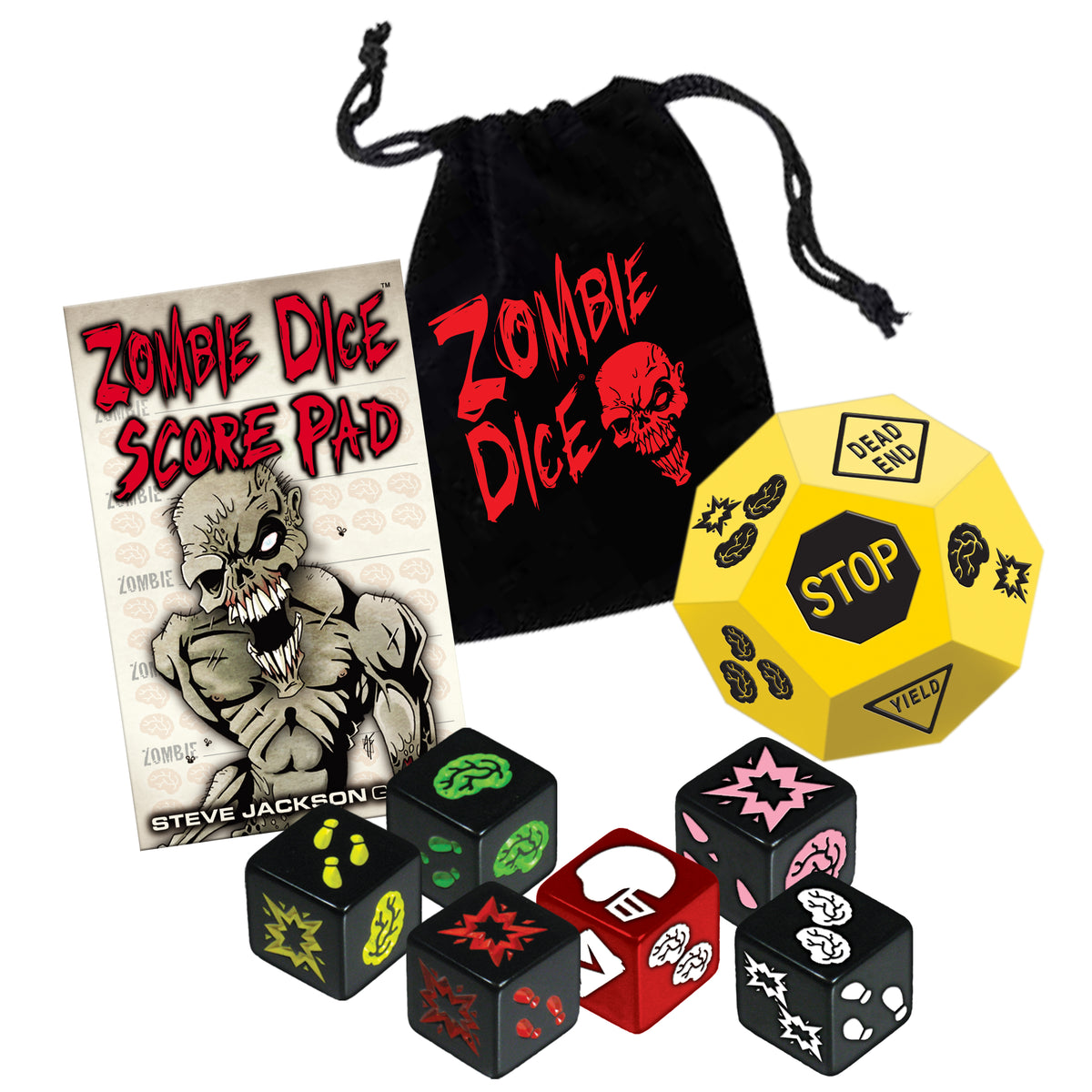 Zombie Dice Horde Edition board game components with dice and bag from Steve Jackson Games, featuring zombie-themed game pieces.