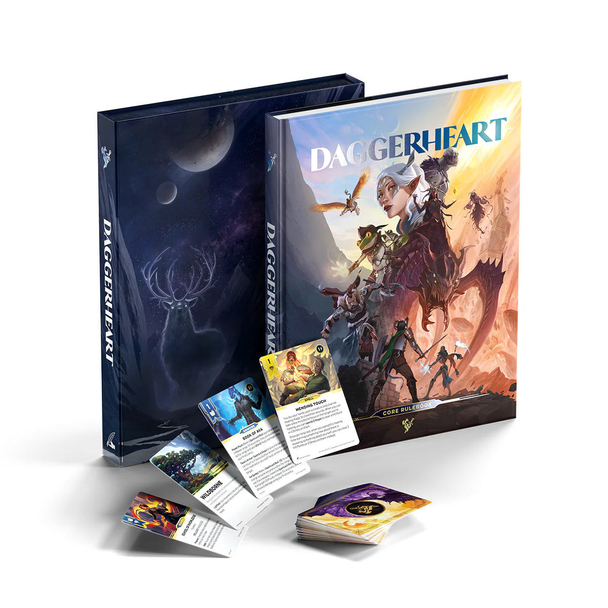 Daggerheart Core Set RPG game components, including character cards and rulebook, from Darrington Press.