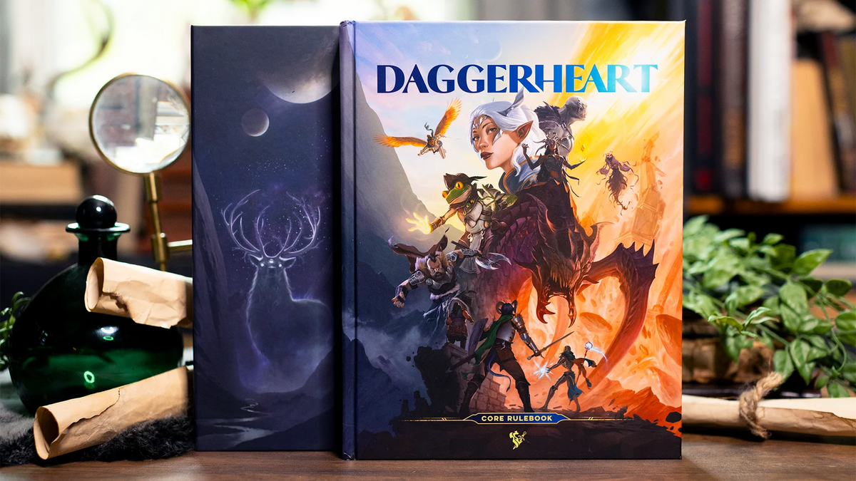 Daggerheart Core Set RPG game components by Darrington Press, featuring character sheets, cards, and game tokens on a white background.