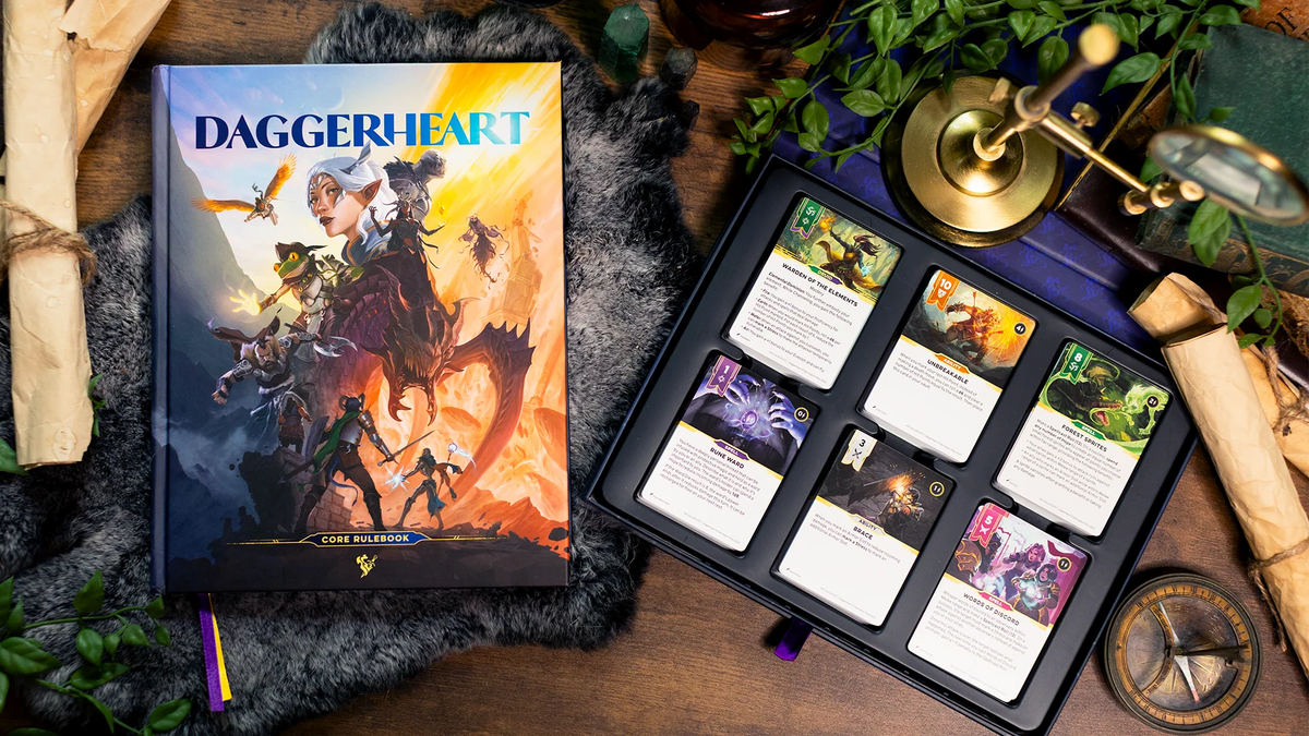 Daggerheart Core Set RPG cards by Darrington Press, featuring detailed front card illustrations and game overview.