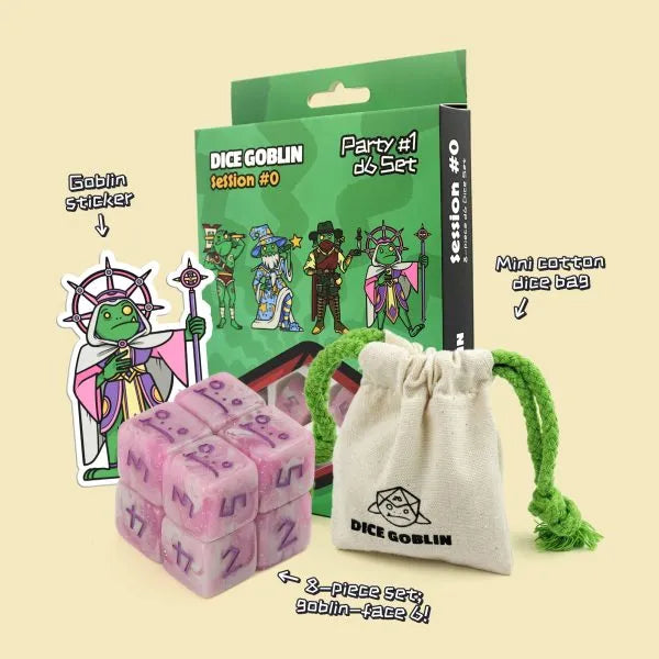 Image of Dice Goblin's Apostle Dice in front of box, cotton bag and sticker. Available at indie online board games and card games retailer Kaioss Games