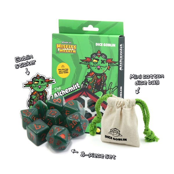 Image of Dice Goblin: The Alchemist (RPG Set) dice in front of box, cotton bag and sticker. Available at indie online board games and card games retailer Kaioss Games