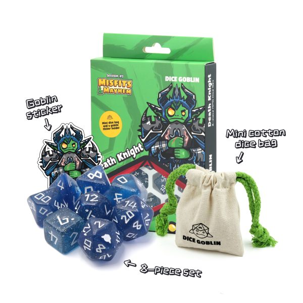 Image of Dice Goblin: The Deathknight (RPG Set) dice in front of box, cotton bag and sticker. Available at indie online board games and card games retailer Kaioss Games