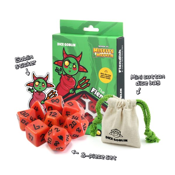 Image of Dice Goblin: The Fiendish (RPG Set) dice in front of box, cotton bag and sticker. Available at indie online board games and card games retailer Kaioss Games
