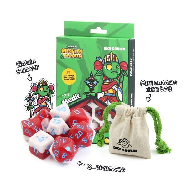 Image of Dice Goblin: The Medic (RPG set) dice in front of box, cotton bag and sticker. Available at indie online board games and card games retailer Kaioss Games