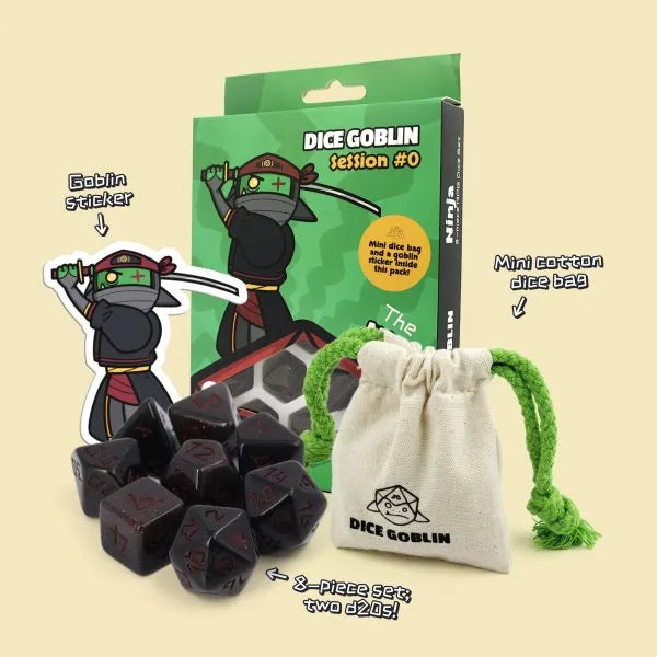 Image of Dice Goblin: The Ninja (RPG Set) dice in front of box, cotton bag and sticker. Available at indie online board games and card games retailer Kaioss Games