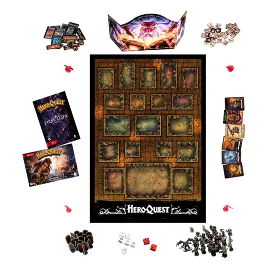 HeroQuest: First Light board game by Avalon Hill featuring colorful fantasy-themed artwork and game components on the box.