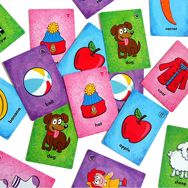 Image of Knock Knock! First Words cards spread out. This game by Small Fries Games is available at indie online boardgames and card games retailer Kaioss Games