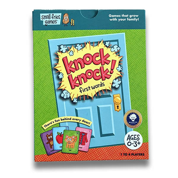 Image of Knock Knock! First Words game box front. This game by Small Fries Games is available at indie online boardgames and card games retailer Kaioss Games