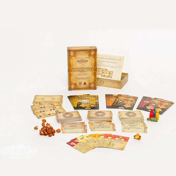 Image of Trickerion: Dahlgaard's Gifts Expansion game components. This game by APE Games is available at indie online boardgames and card games retailer Kaioss Games