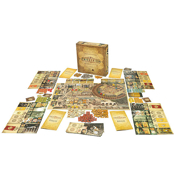 Image of Trickerion: Legends of Illusion game components. This game by APE Games is available at indie online boardgames and card games retailer Kaioss Games