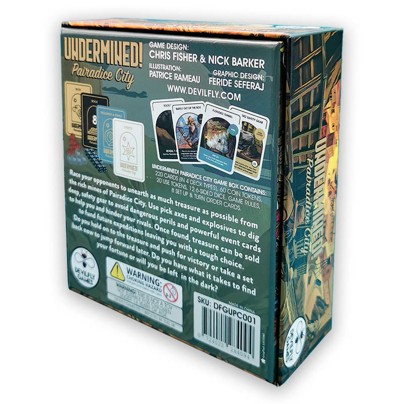 Image of Undermined! Pairadice City game box back. This game by Devilfly Games is available at indie online board games and tabletop games retailer Kaioss Games