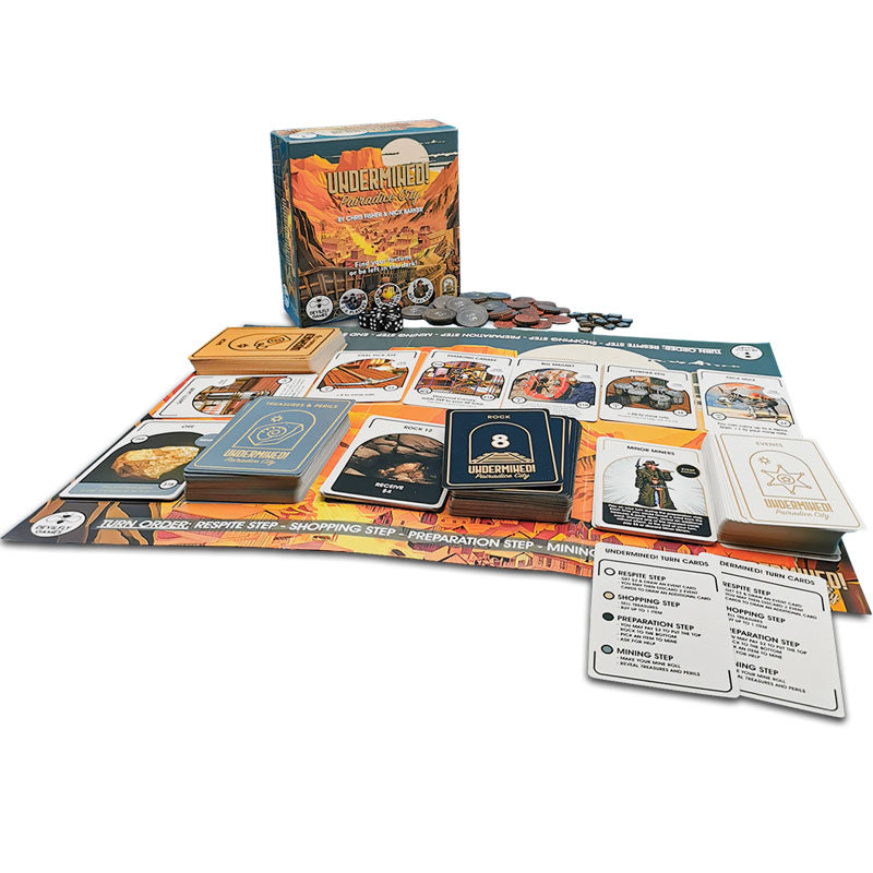 Image of Undermined! Pairadice City game components laid out on a flat surface. This game by Devilfly Games is available at indie online board games and tabletop games retailer Kaioss Games