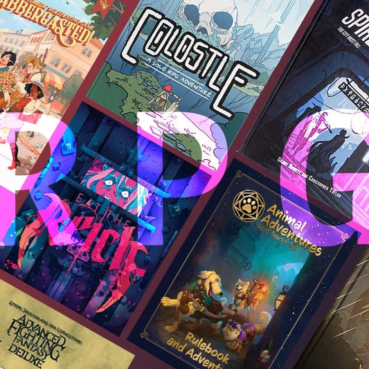 Image for RPGs blog on the Kaioss Games website. A grid of RPG covers with letters 'RPG' in light pink across the middle on the image. RPG covers include Colostle, Eat the Reich, Flabbergasted!, Spire, Advanced Fighting Fantasy, Animal Adventures