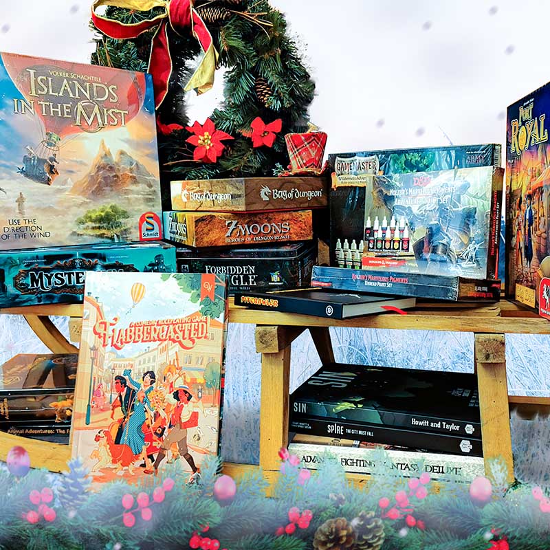 Image of board games, card games and role-playing games that cost between £20 and £50 on a wooden sled in a frosty field with a forest in the background. Image available exclusively on Kaioss Games.