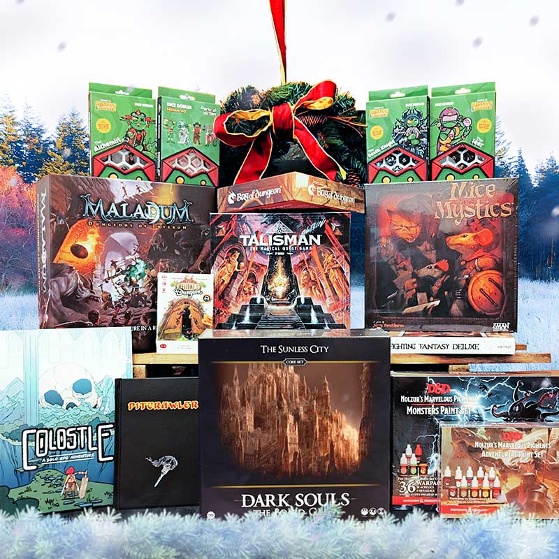 Image of board games, card games, RPGs and paint and dice sets in the dungeon crawler genre on a wooden sled in a frosty field with a forest in the background. Image available exclusively on Kaioss Games.