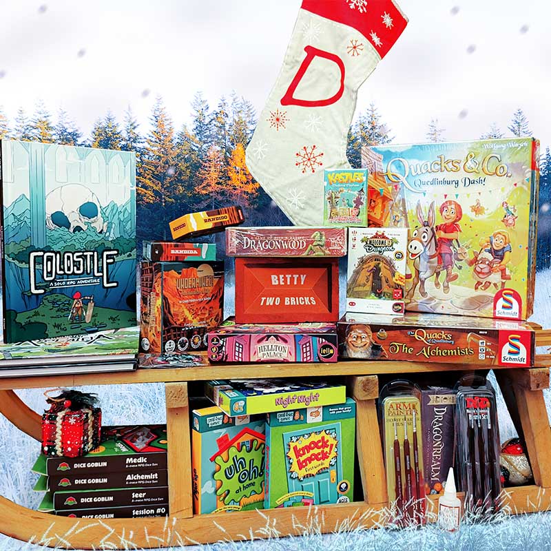 Image of board games, card games and role-playing games that cost under £20 on a wooden sled in a frosty field with a forest in the background. Image available exclusively on Kaioss Games.