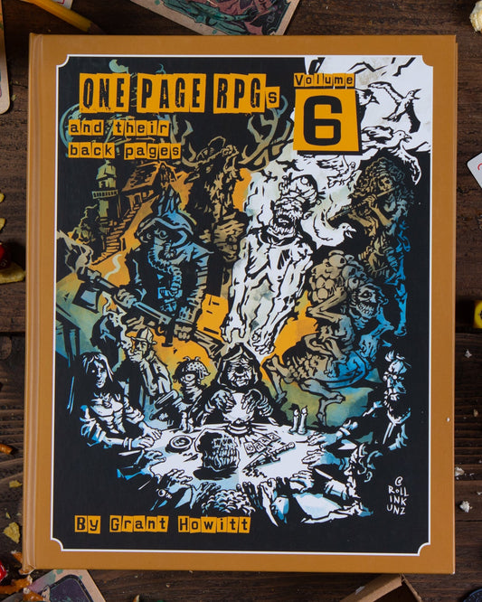 Cover image of "One Page Games: Volume 6," a tabletop RPG book by Rowan, Rook & Decard featuring colorful artwork and title text.