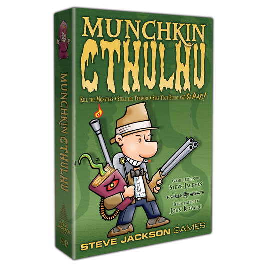 Munchkin Cthulhu card game by Steve Jackson Games featuring colorful fantasy-themed cards and Cthulhu-inspired artwork.