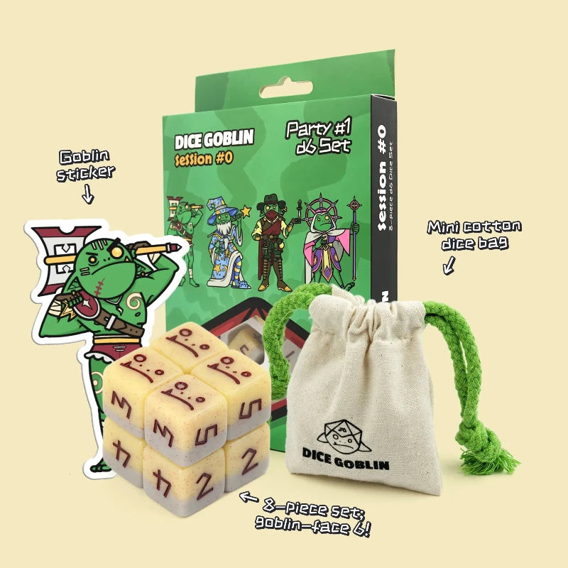 Image of Dice Goblin: Berserker (D6 set) dice in front of box, cotton bag and sticker. Available at indie online board games and card games retailer Kaioss Games