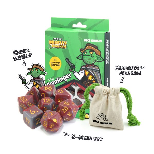 Image of Dice Goblin: The Gunslinger (RPG Set) dice in front of box, cotton bag and sticker. Available at indie online board games and card games retailer Kaioss Games