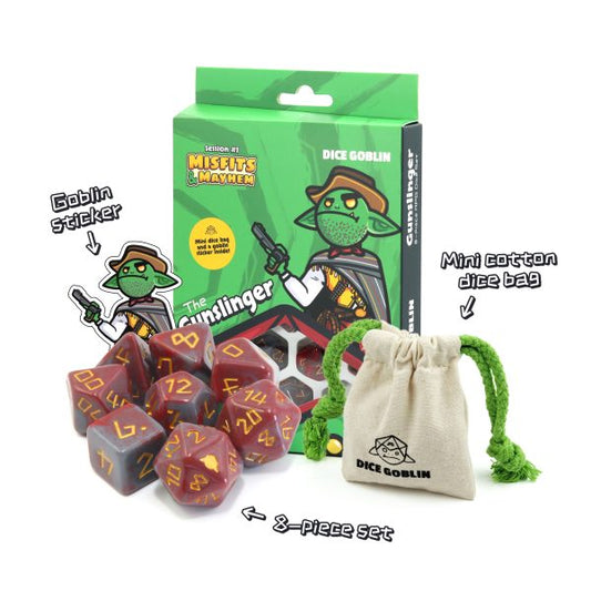 Image of Dice Goblin: The Gunslinger (RPG Set) dice in front of box, cotton bag and sticker. Available at indie online board games and card games retailer Kaioss Games
