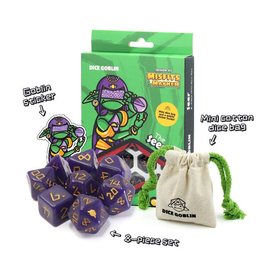 Image of Dice Goblin: The Seer (RPG Set) dice in front of box, cotton bag and sticker. Available at indie online board games and card games retailer Kaioss Games
