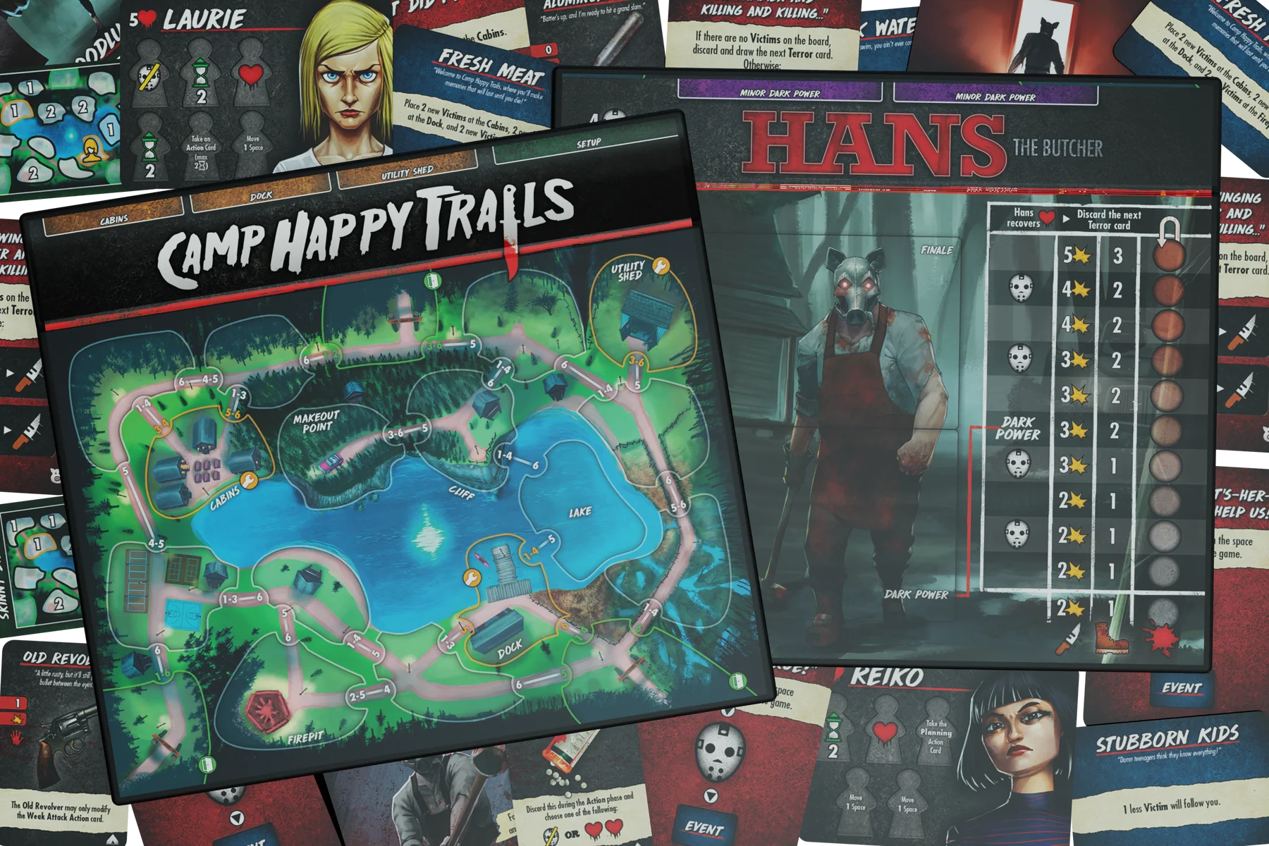 Final Girl S1 Happy Trails Horror board game by Van Ryder Games, featuring spooky forest scene and game components.