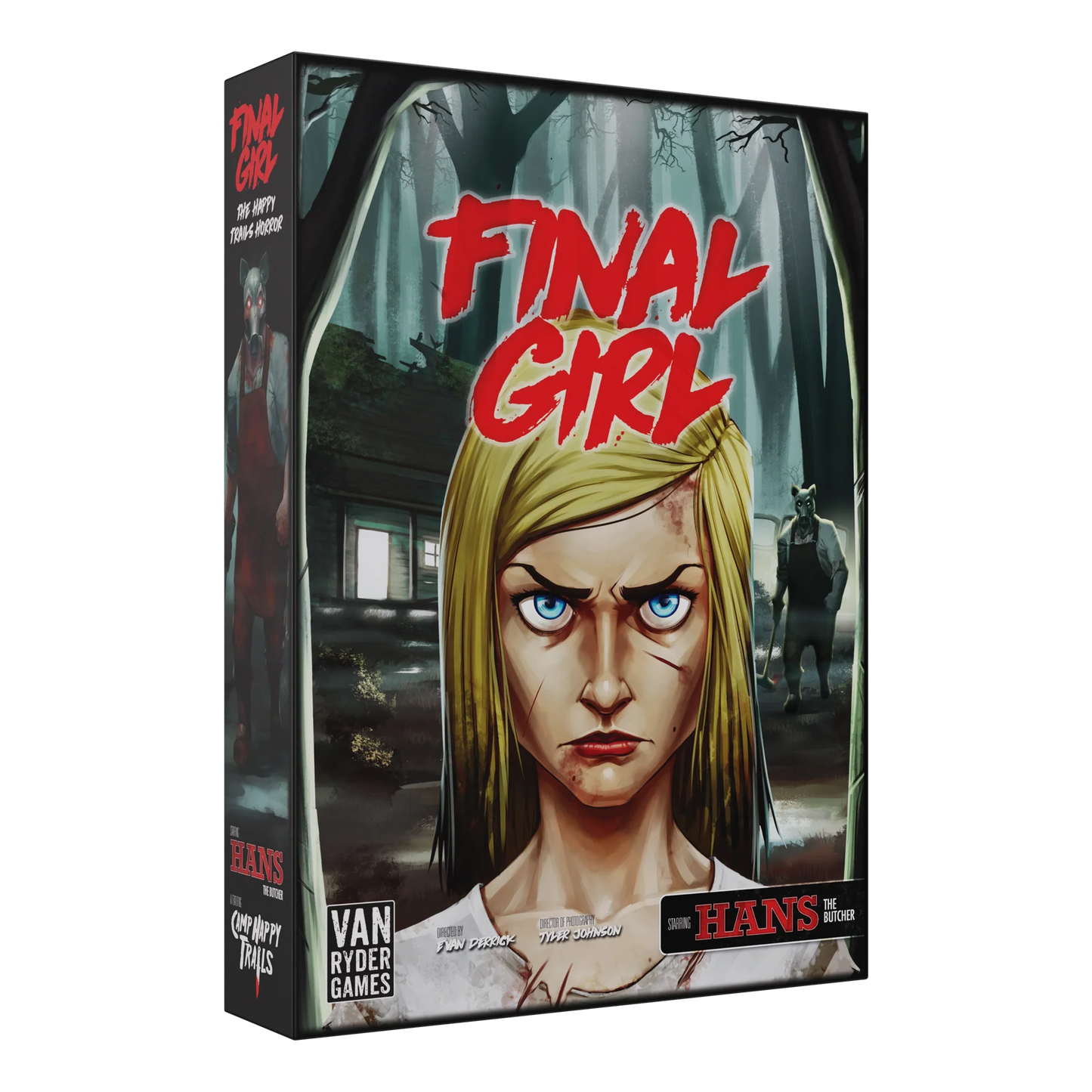 Final Girl S1 Happy Trails horror board game by Van Ryder Games, featuring illustrated game components and character cards.