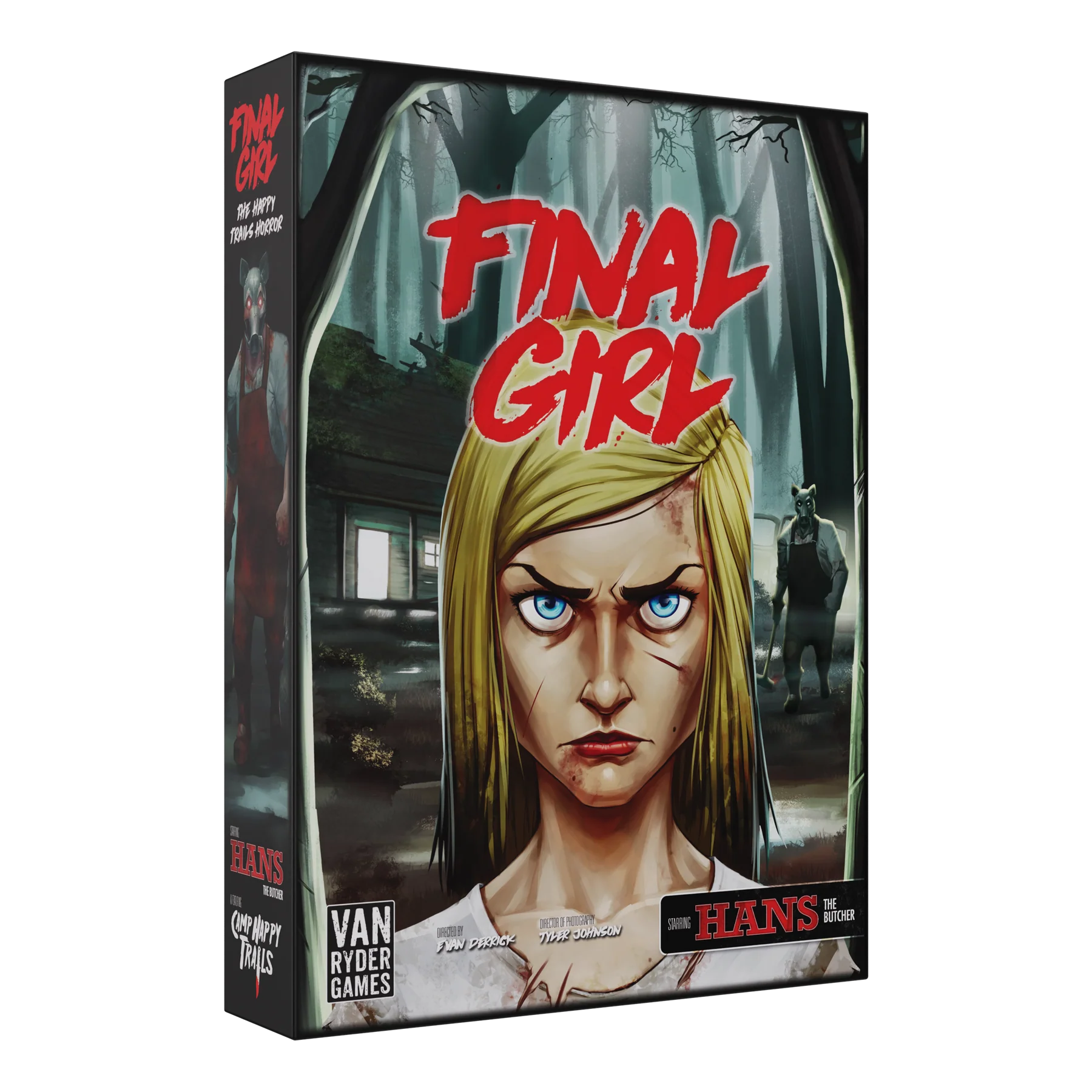 Final Girl S1 Happy Trails horror board game by Van Ryder Games, featuring illustrated game components and character cards.