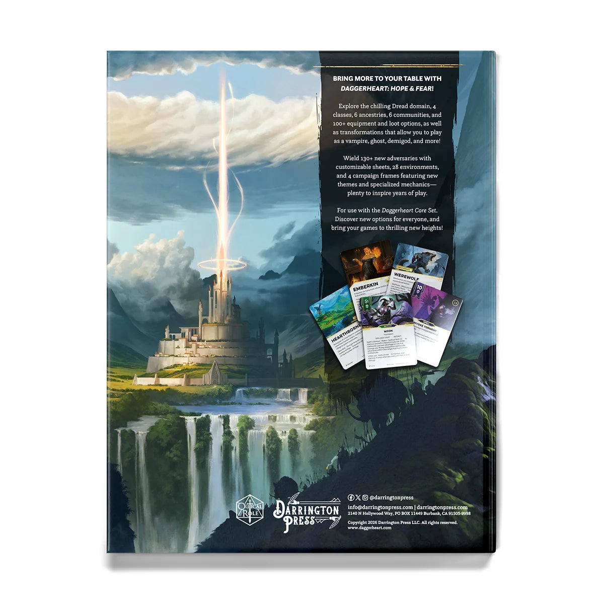 Back cover of Daggerheart: Hope & Fear RPG book by Darrington Press, featuring artwork and design elements on a white background.