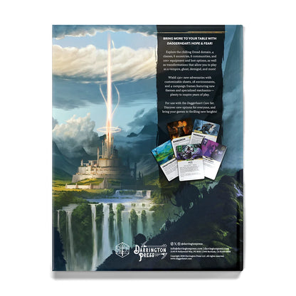 Back cover of Daggerheart: Hope & Fear RPG book by Darrington Press, featuring artwork and design elements on a white background.