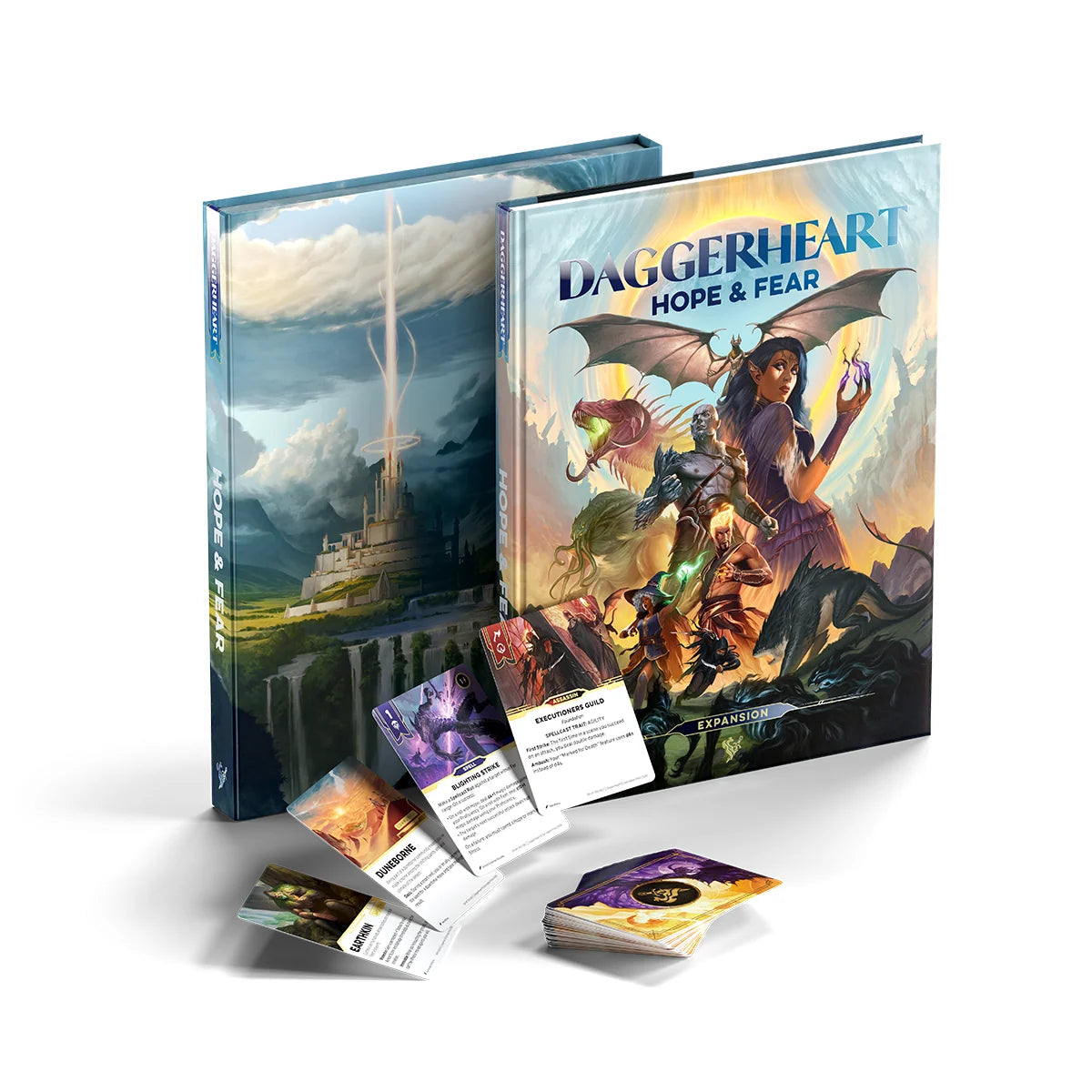 Daggerheart: Hope & Fear RPG book with character cards and game components by Darrington Press displayed on a table.