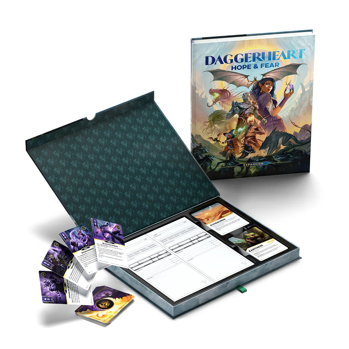 Open Daggerheart: Hope & Fear RPG book with card box, featuring detailed cover art and game components from Darrington Press.