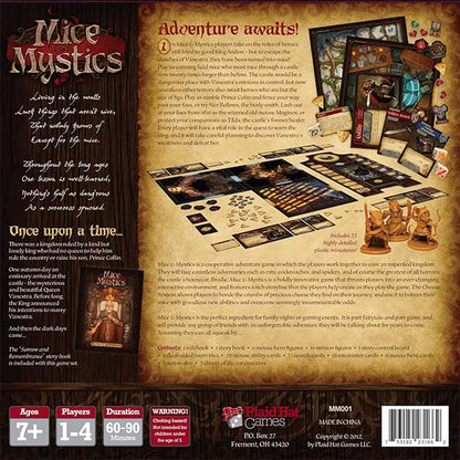 Image of Mice and Mystics box back. This game by Plaid Hat Games is available at indie online boardgames and card games retailer Kaioss Games