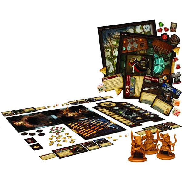 Image of Mice and Mystics game components. This game by Plaid Hat Games is available at indie online boardgames and card games retailer Kaioss Games