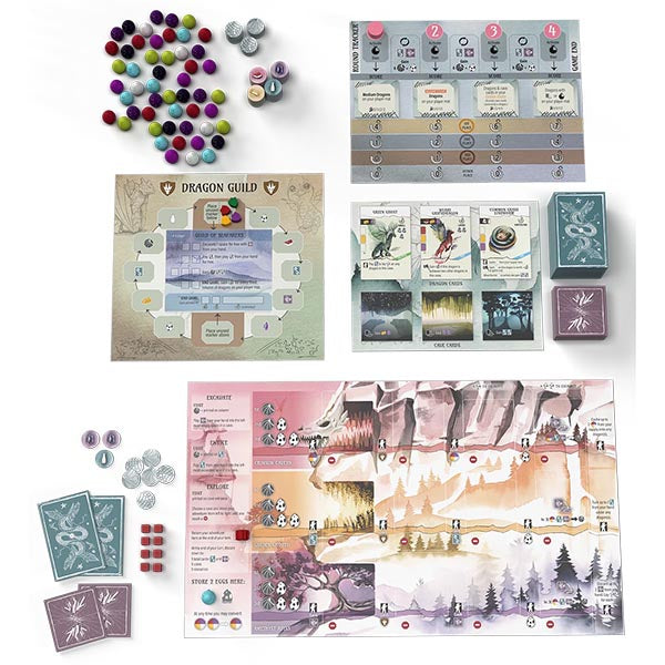 Image of Wyrmspan game components. This tabletop game by Stonemaier Games is available at indie online board games and card games retailer Kaioss Games