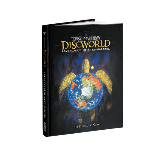 Discworld: Adventures in Ankh-Morpork RPG core rulebook by Modiphius, featuring colorful cover art of the fictional city.