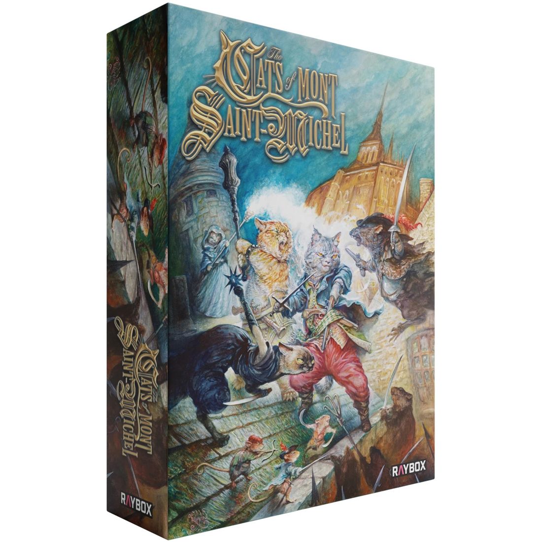 Board game box for The Cats of Mont Saint Michel by Raybox Games featuring illustrated cats and scenic Mont Saint Michel background.